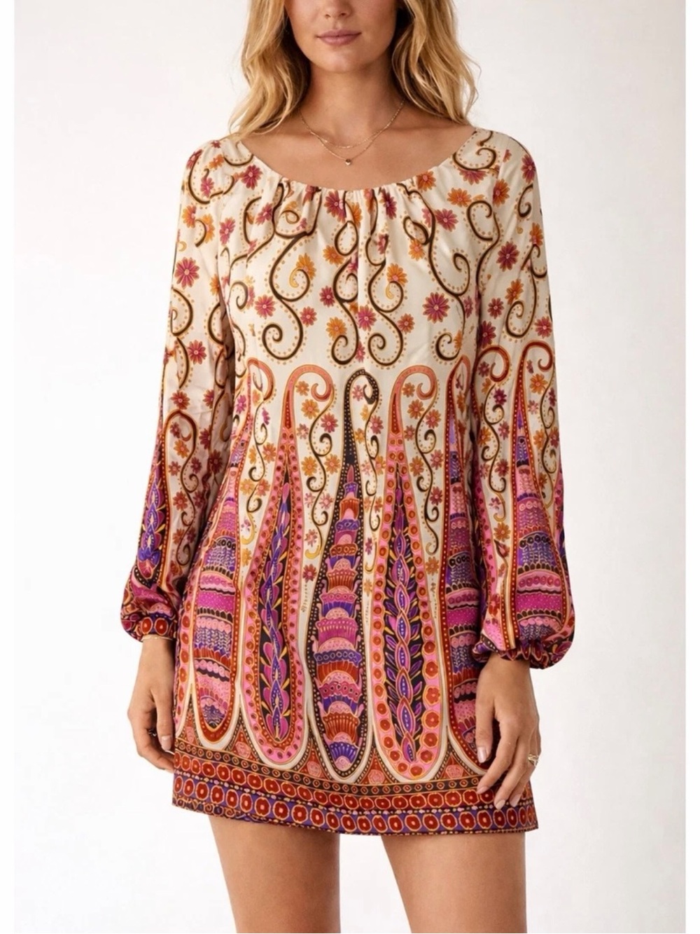 Milly New York Silk Boho Paisley Long Puff Sleeve Mini Shift Dress Low Back 12